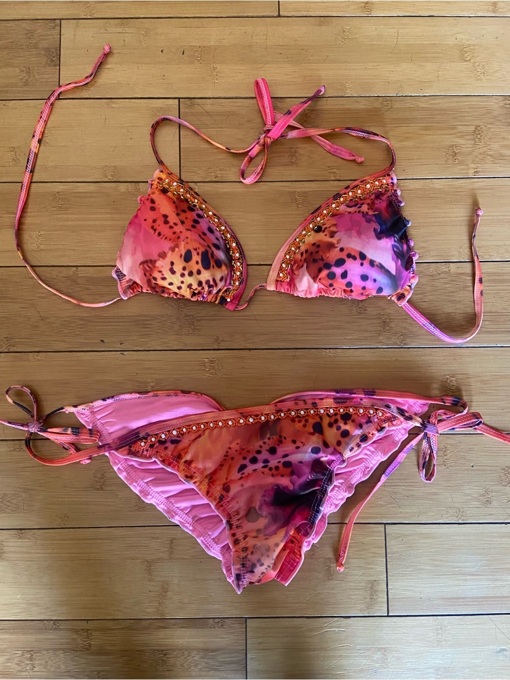 Colombian Beaded Swim  Pink Multicolor Beaded Triangle Bikini Set